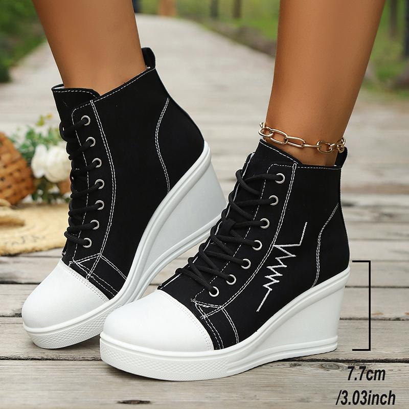 Fashion High Top Wedge Heel Sneakers for Women Fashion Mix Color Lace Up Canvas Shoes Woman Lightweight College Students Casual Sneakers