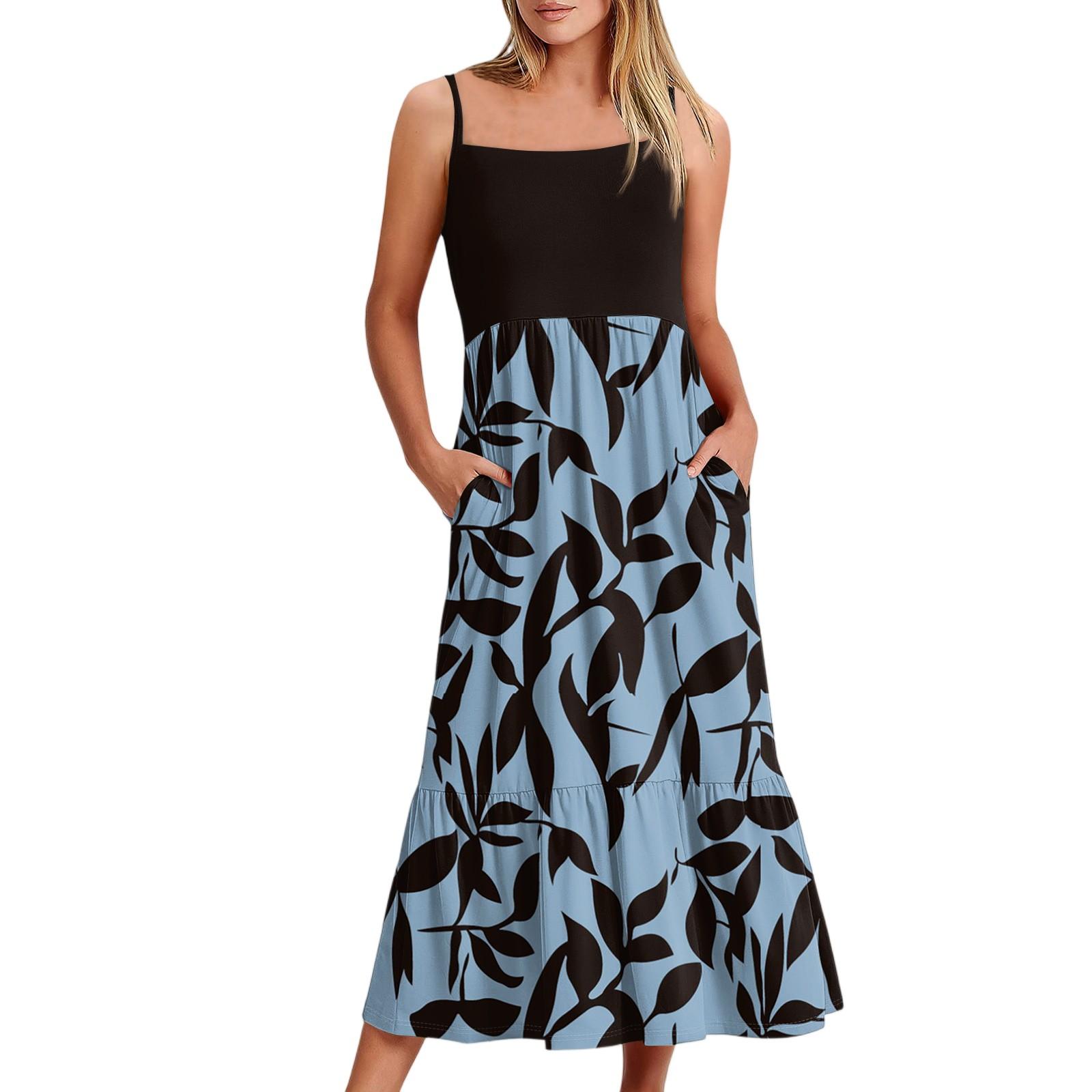 

Женское длинное пляжное повседневное элегантное платье макси на тонких бретельках с цветочным принтом, струящееся платье в стиле бохо L тёмно-синий