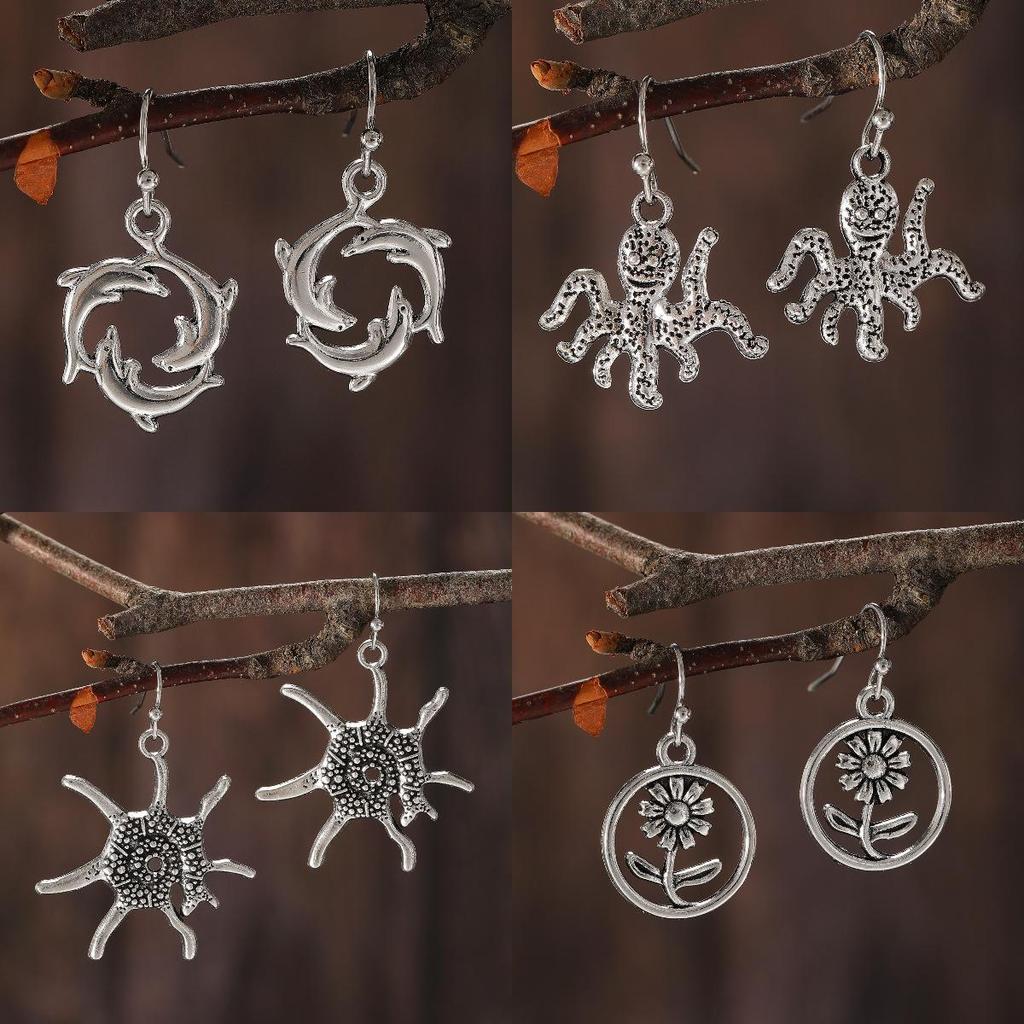 Retro Ethnic Style Ocean Sea Turtle Dolphin Octopus Starfish Flower Earrings For Women