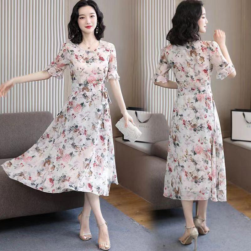 Summer new large size waist thin foreign style long round neck floral fashion temperament short sleeve dress women