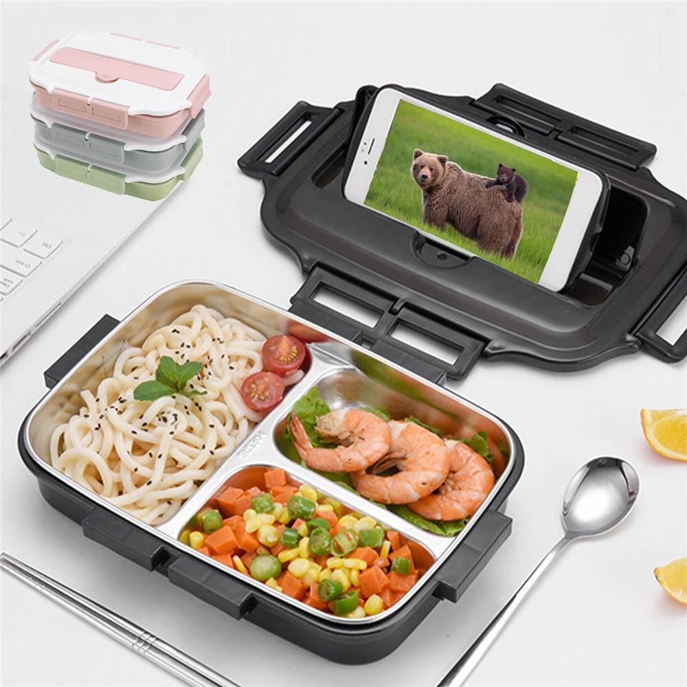 

Stainless steel lunch box, 1-liter three-tier food container, with lockable lid, leak-proof and microwave safe, suitable for hot meals Free Size серый