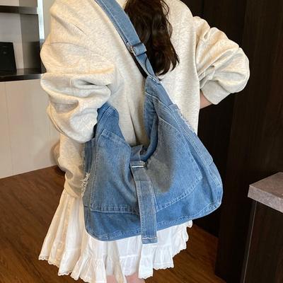 Sac bandoulière Sac en toile denim Sangle à boucle Sac fourre-tout simple Sac à main décontracté vintage Streetwear