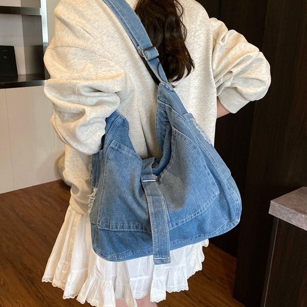 Shoulder Bag Denim Canvas Bag Buckle Strap Simple Tote Bag Simple Vintage Handbag  Students