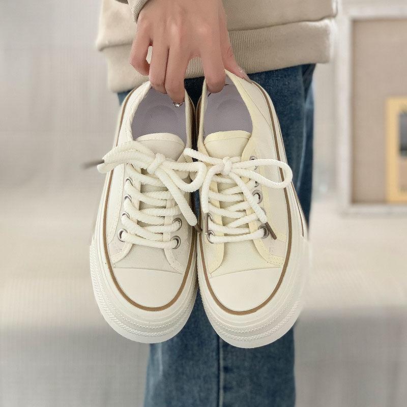 Cream platform canvas shoes women's thin autumn new ins trendy niche Korean version big head muffin student white shoes