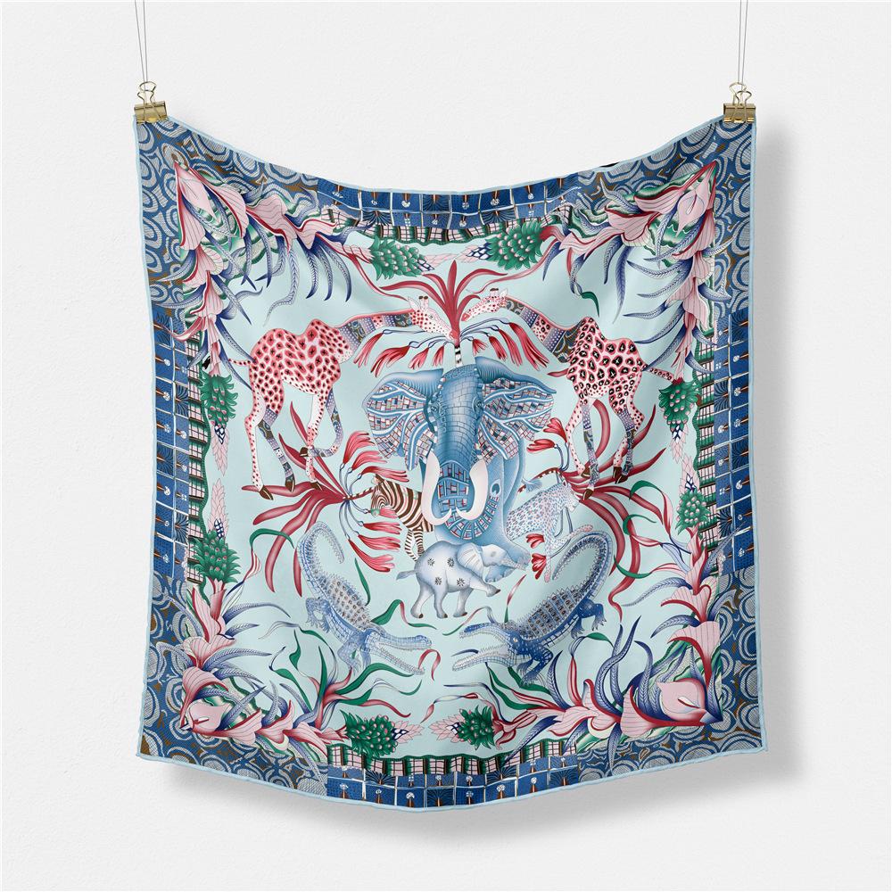 53CM Twill Silk Scarf Woman Forest Animals Print Square Scarves Wrap Bandana Small Hijab Foulards Lady Tie Headband Neckerchief