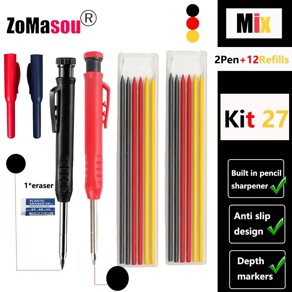 Reuseable Long Head Deep Hole Markers Pen Pencils Solid Carpenter Refill Leads Built-in Sharpener Woodwork Construction Tools