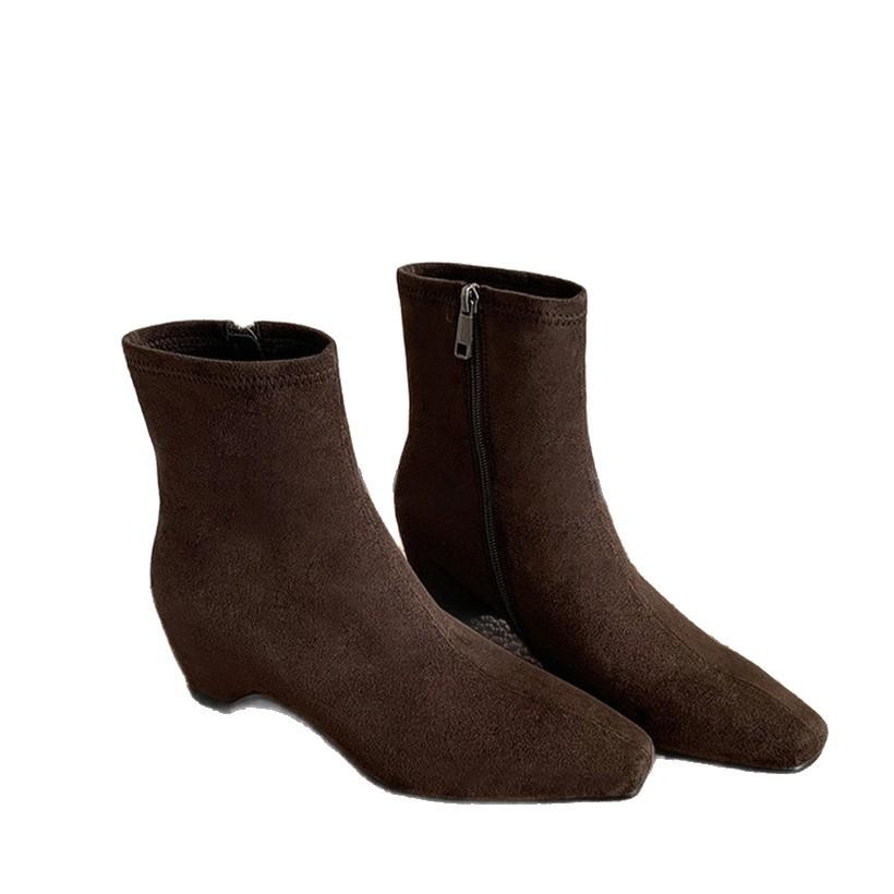 Soft leather version~ retro minimalist thin boots femininity square head inner height increase short boots side zipper thin elastic boots