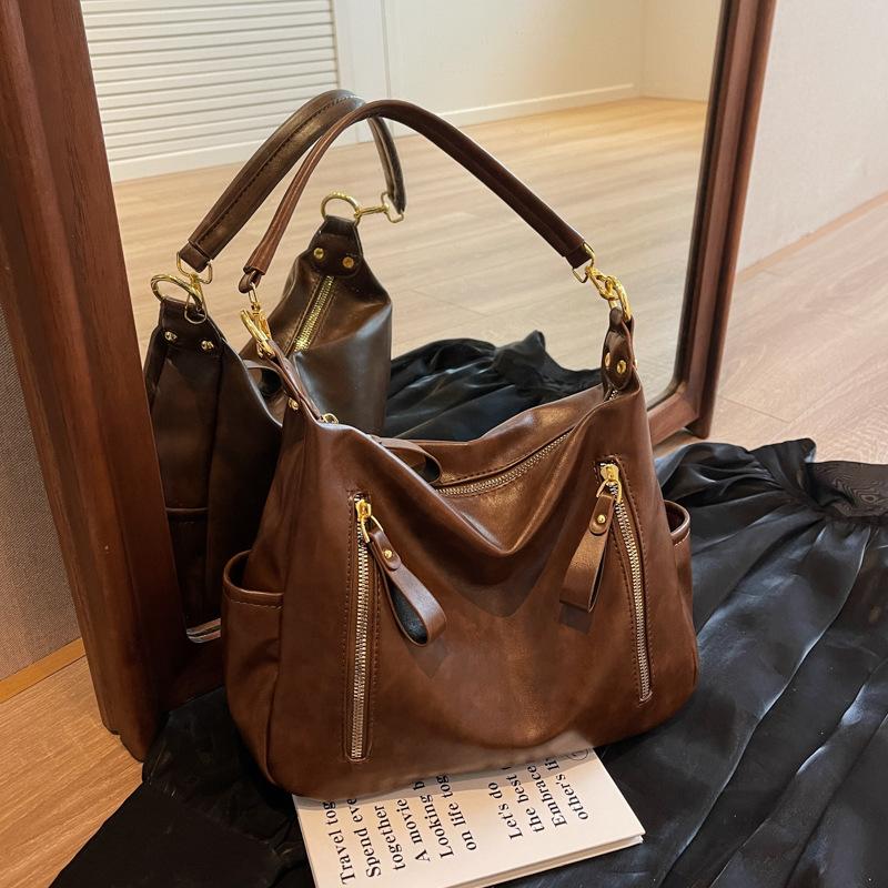 New Retro Handbag Bag Women's Bag Trendy Commuter Tote Bag Double Zipper Oily Leather Shoulder Messenger Bag