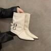 Pointed High-heeled Brown Small Short Boots Women's Shoes 2025 New Spring and Autumn Single Boots Retro Belt Buckle Medium Tube Pants Tube Boots