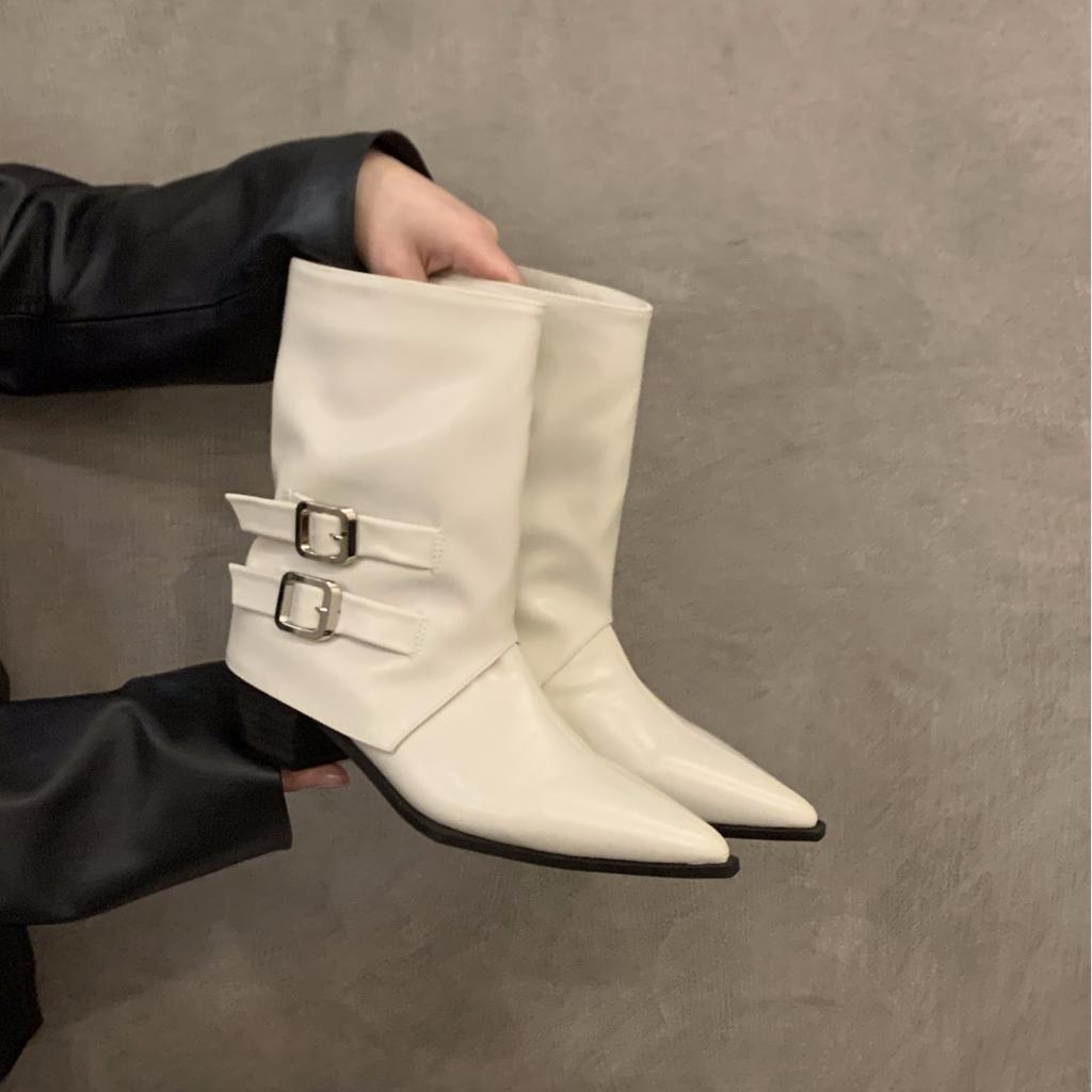 Pointed High-heeled Brown Small Short Boots Women's Shoes 2025 New Spring and Autumn Single Boots Retro Belt Buckle Medium Tube Pants Tube Boots