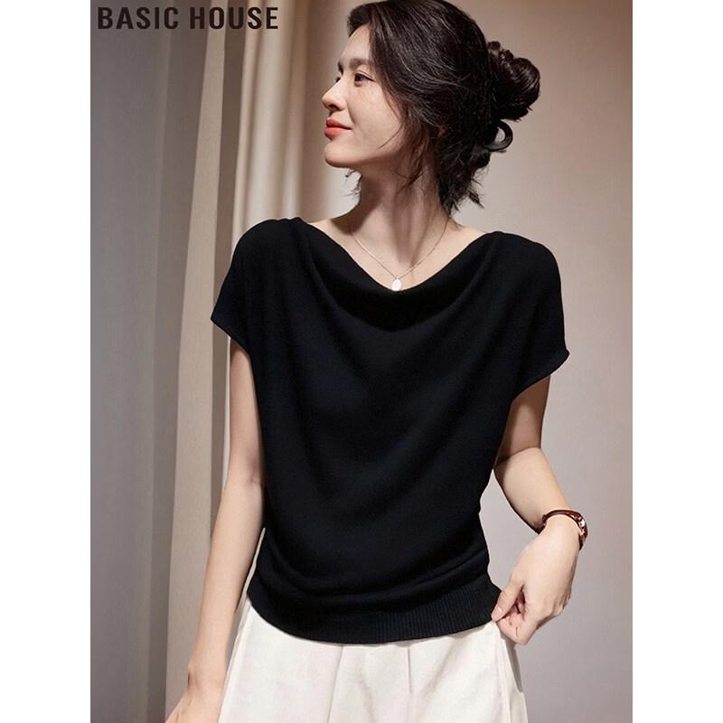 Basic House Women s Draped Neck Knit Short Sleeve Top L