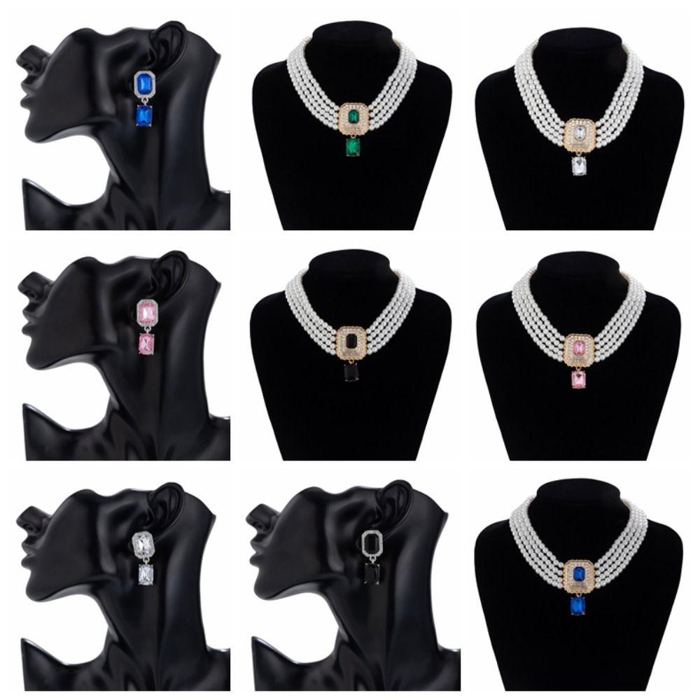 Luxury Pearl Multilayer Necklace Imitation Choker Necklace Set Rhinestone Necklace Earrings  Girls