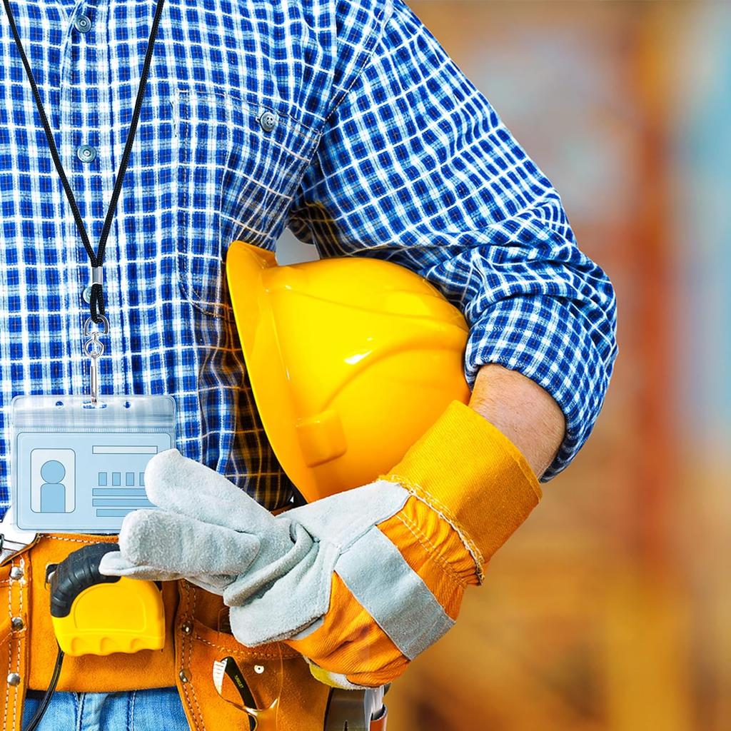 50 Clear Plastic Horizontal Name Tags Badge ID Card Holders and 50 Black Lanyards with Swivel Hook