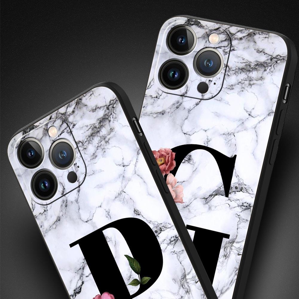 Letters Flower English Marble Phone Case For iPhone 17 16 15 Pro Max 11 12 13 14 7 8 Plus SE 2020 X XR XS Cover Soft Black