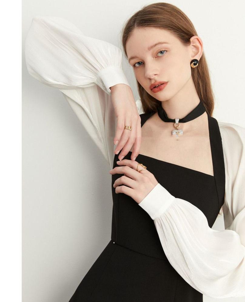 Weißes Kleid mit Laternenärmeln für Damen, Frühling, Vintage, schwarz, Büro, lange Kleider, koreanische Kleidung