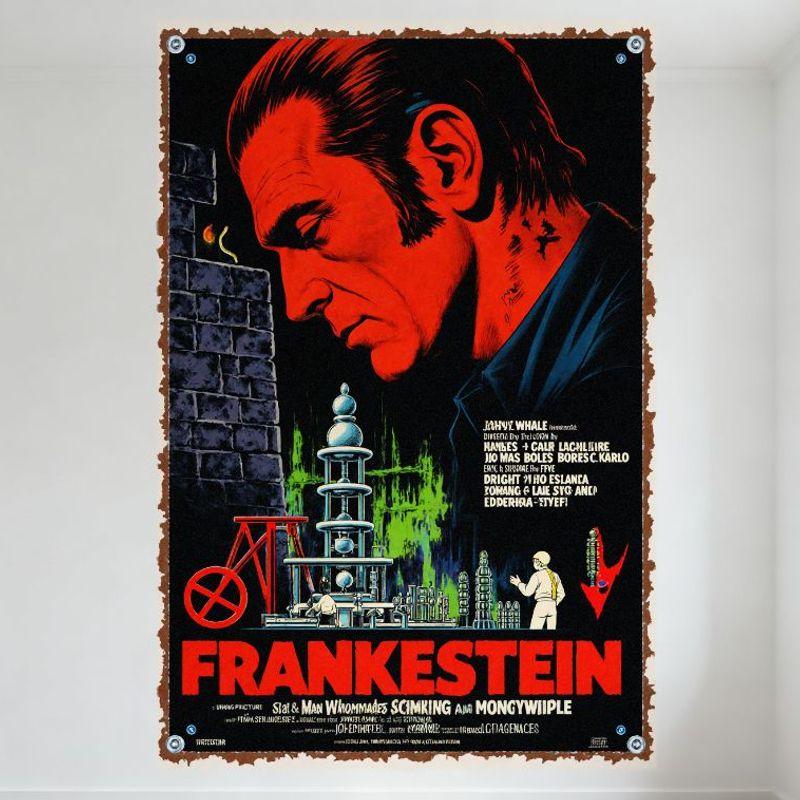 Vintage Frankenstein Movie Poster Metal Tin Sign Red Gothic Sci-Fi Horror Art Wall Decor for Man Cave Home Bar Cafe Decoration