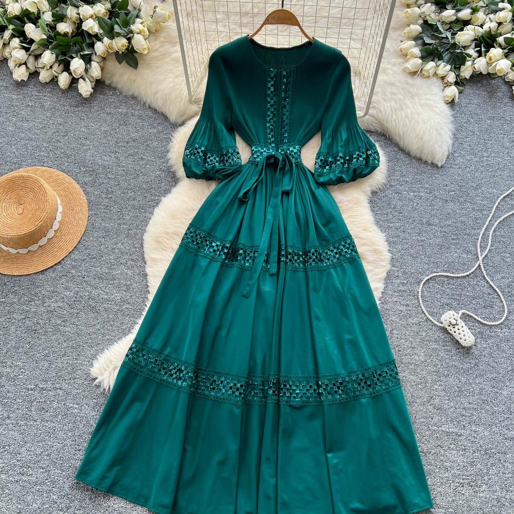 High-End Heavywork Lacing Paillette-Panel Waist-Banding Lantern Sleeve Maxi Dress for Women Autumn Charming Long Women Dress