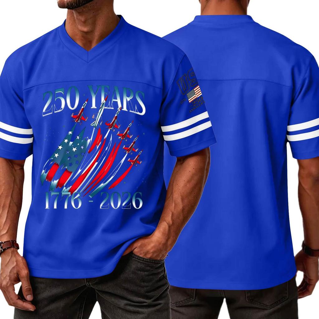 Men V Neck Short Sleeve Jersey Style T Shirt with 250 Years 1776 2026 Print and Graphic Sports Top