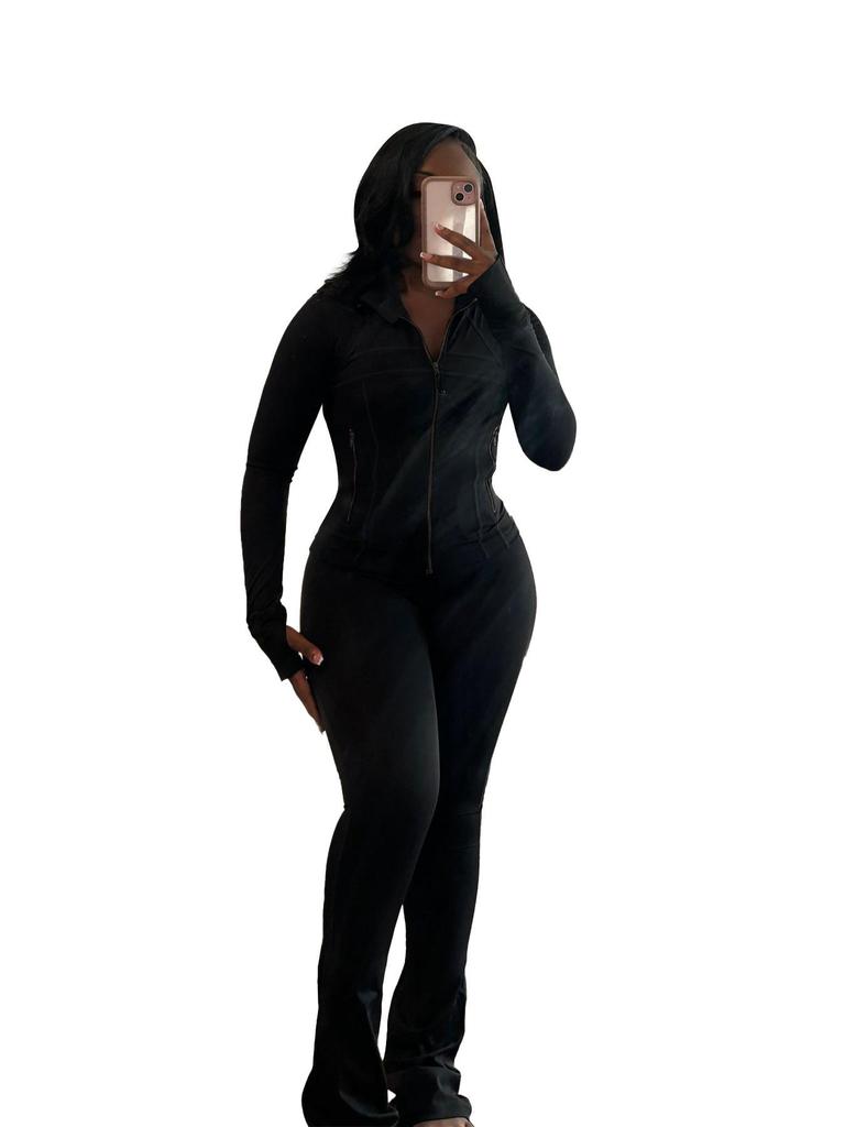 HR24057 Women's Sexy Long Sleeve Flare Two-Piece Sports Casual Set