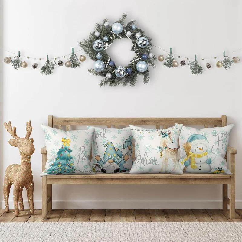 Christmas Pillowcase 20in X 20in 4-piece Set Family Farmhouse Decoration (Tree Snowman Dwarf Deer) Blue