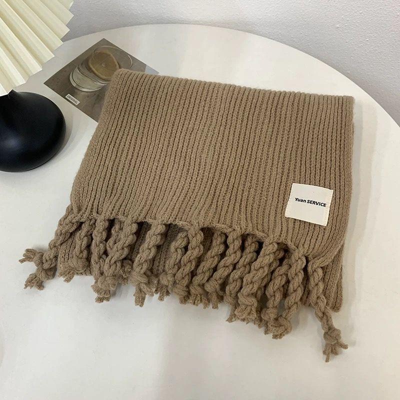 Student Solid Color Fringed Scarf Autumn Winter Warm Knitted Neck Warmer Couple Wool Thickened Neck Wrap