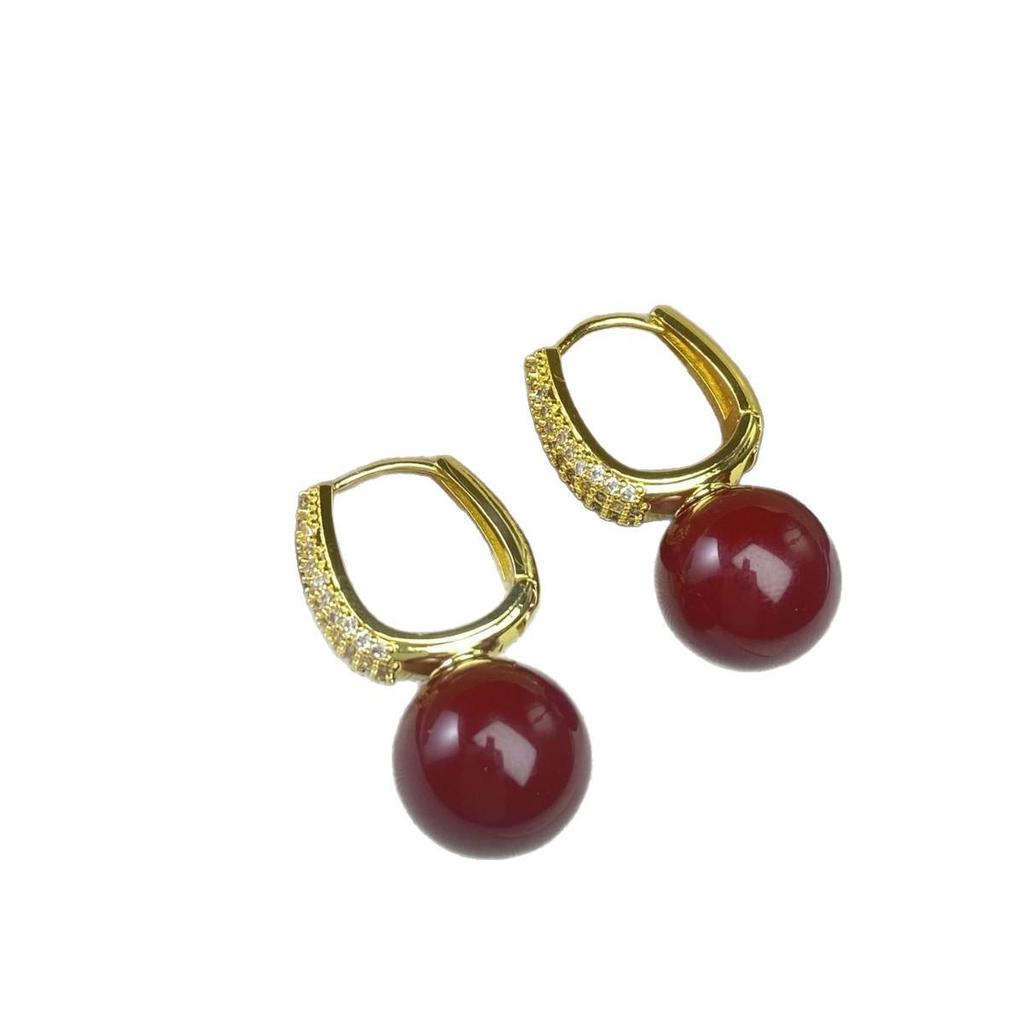 Geometric Wine Red Pearl & Micro-inlaid Zircon Earrings - Retro Hong Kong Style, High-End Fashion Jewelry