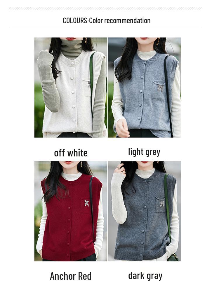 Damen Schicker Grauer Gestrickter Ärmelloser Weste - Rundhalsausschnitt, Lockere Passform Herbst Layering Top