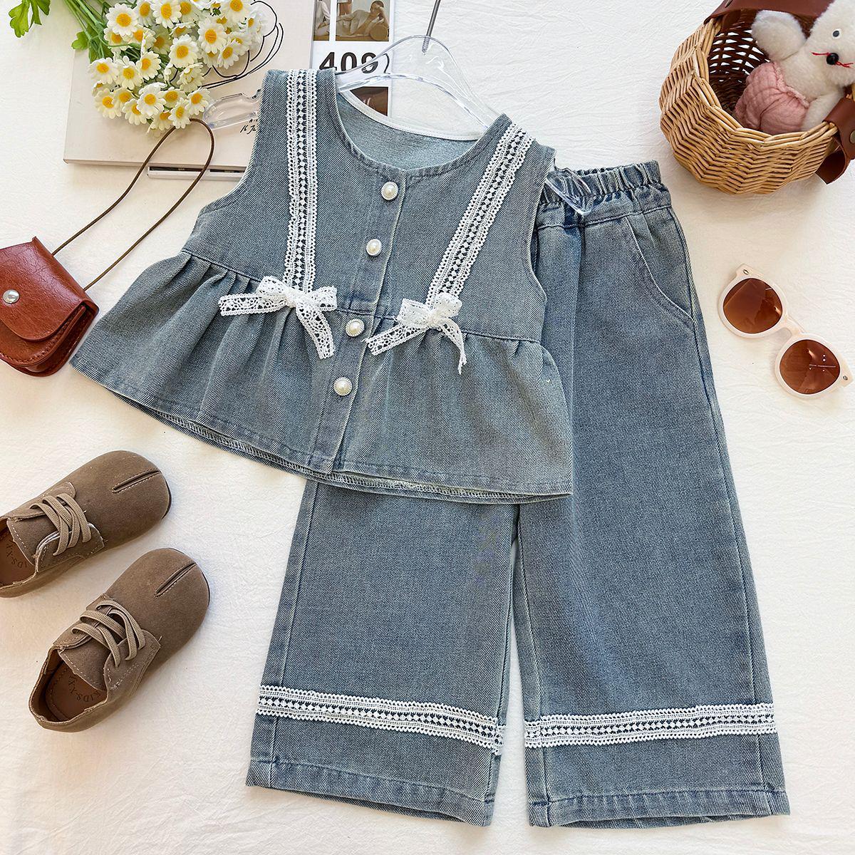 Toddler & Girls Sleeveless Denim Lace Bow Vest & Wide-Leg Pants Set - Summer 2026 New Style 100 cm