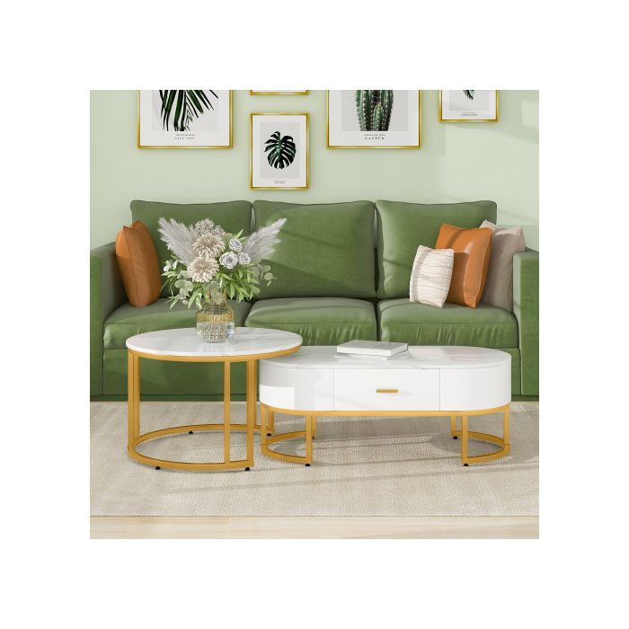 Tables Basses 2 Pièces Piètement Métal Doré, Tables De Salon Nobles, Tables Gigognes Modernes