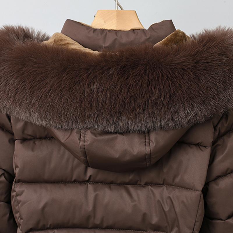 Mote Vinterkåpe Dame Parkas Hette Fuskepelskrage Tykk Varm Damejakker Med Belte