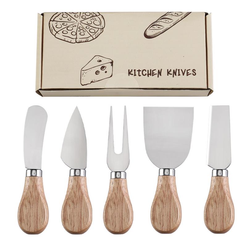 Käsemesser-Set aus Edelstahl mit Griff aus Gummibaumholz: Enthält Messer, Gabel, Pfannenwender und Buttercrememesser.