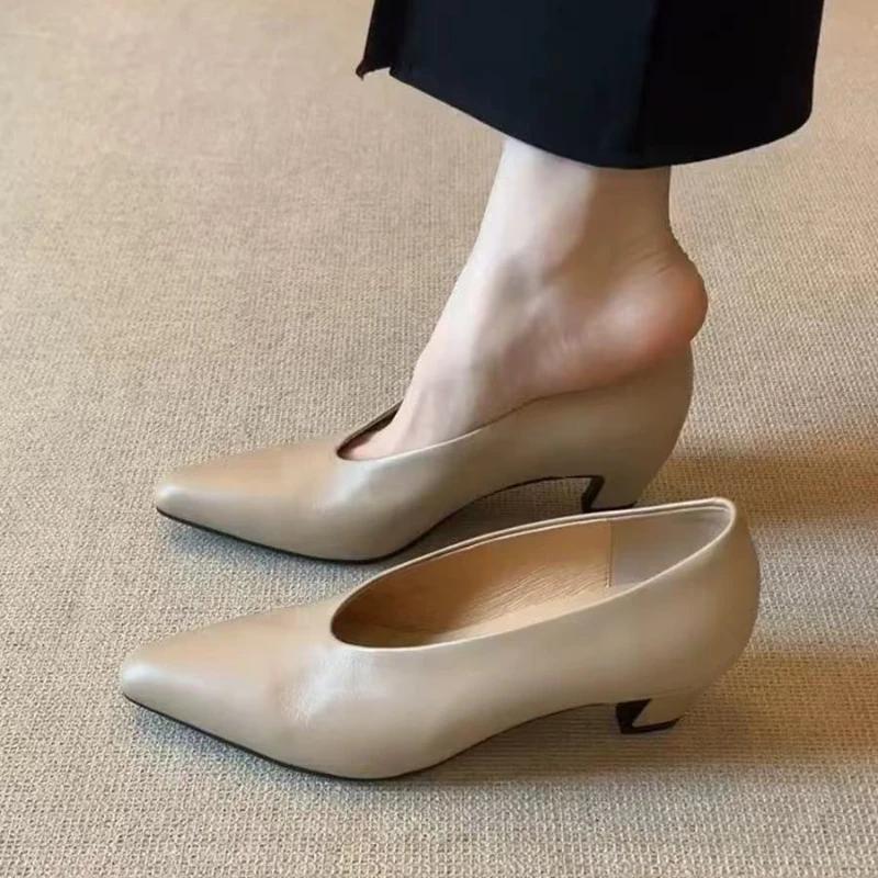 2025 Women's Loafers Leather Luxury Shoes Grade Beige Heels Black Pumps Square Toe Elegant  Shoes For Women