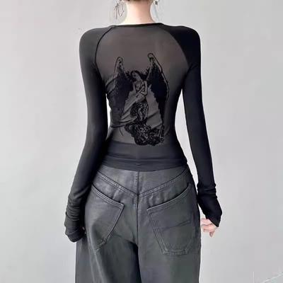 Y2K Spring Angel Print American Spicy Girl Bottom Shirt Women's Design Sense Slim Fit Black T-shirt Instagram Style
