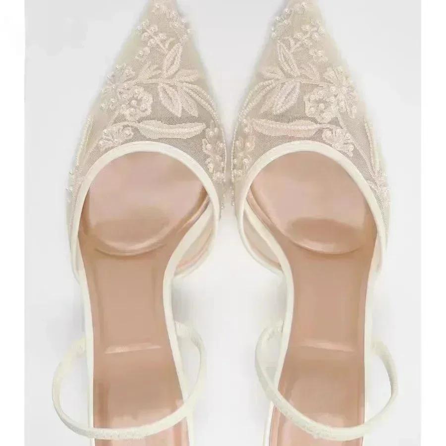 Fashion Elegant Mesh Embroidered Flowers Designer Heeled Sandals Women 2025 Summer Sexy Slingback Pointed Toe Thin High Heels Dress Shoe