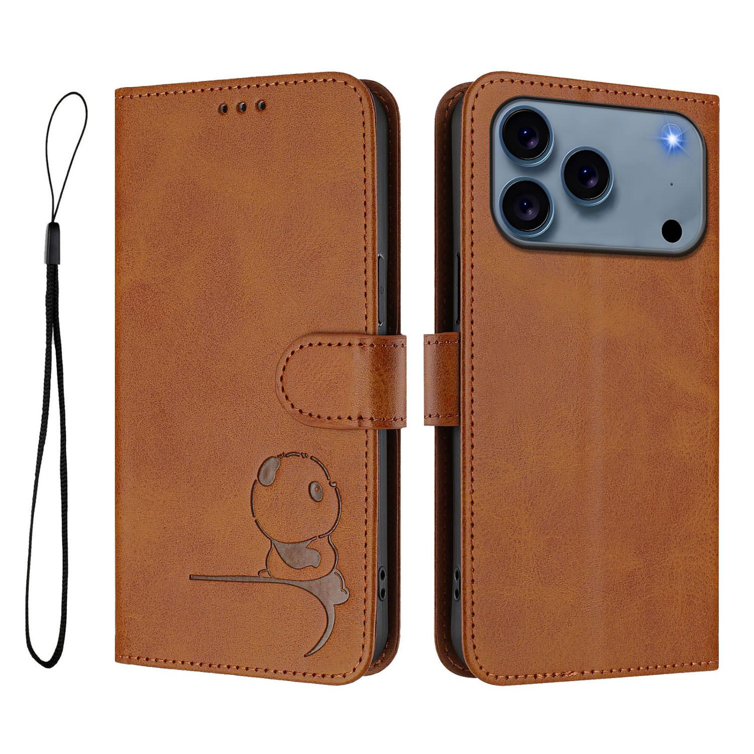 

For iPhone 17 Pro Case Panda Imprint RFID Blocking Wallet Leather Phone Cover with Wrist Strap Brown