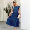 Summer Women Sleeveless Round Neck Ruffled Dot Print Long Dress Polka