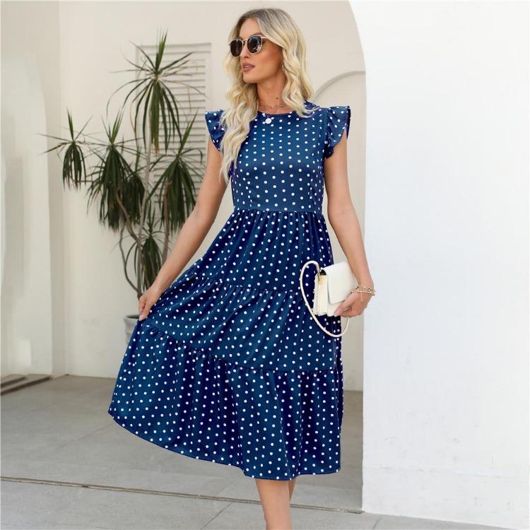 Summer Women Sleeveless Round Neck Ruffled Dot Print Long Dress Polka