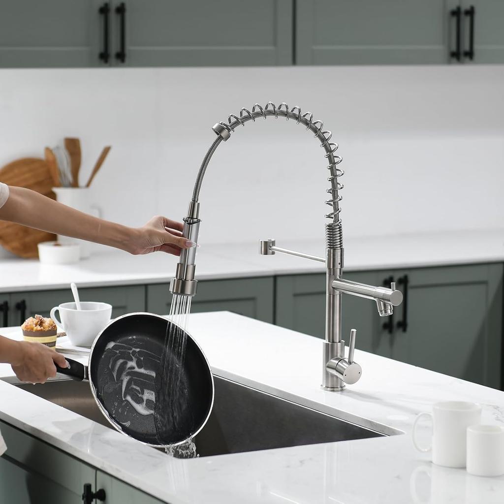 Kitchen Faucet Contemporary Spring Design Single Handle Copper with Pull Down &Out Sprayer in Brushed Nickel