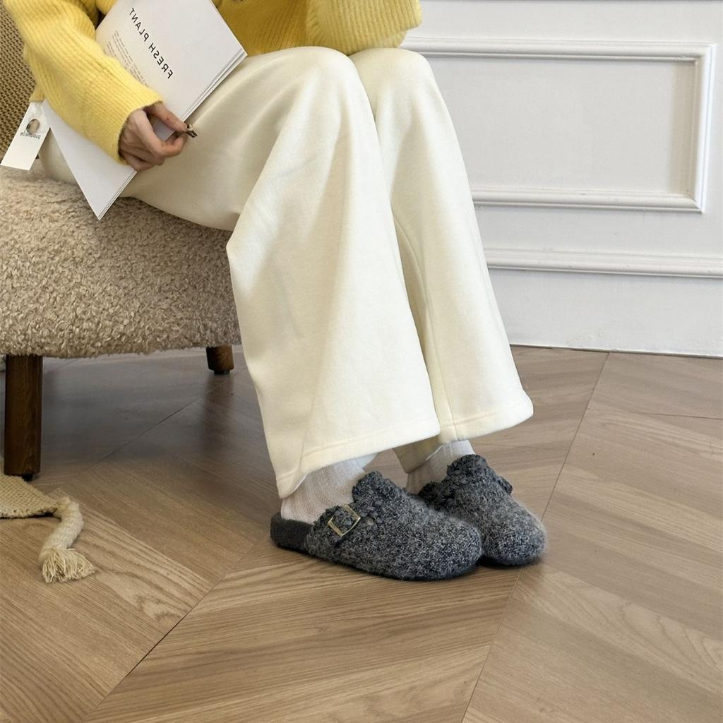 2025 Autumn and Winter New Round Head Thick Bottom Belt Buckle Hairy Lazy Boken Outer Wear Women's Slippers