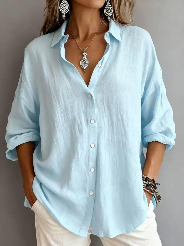 Womens Casual Loose Solid Color Long Sleeve Lapel Button Down Shirt