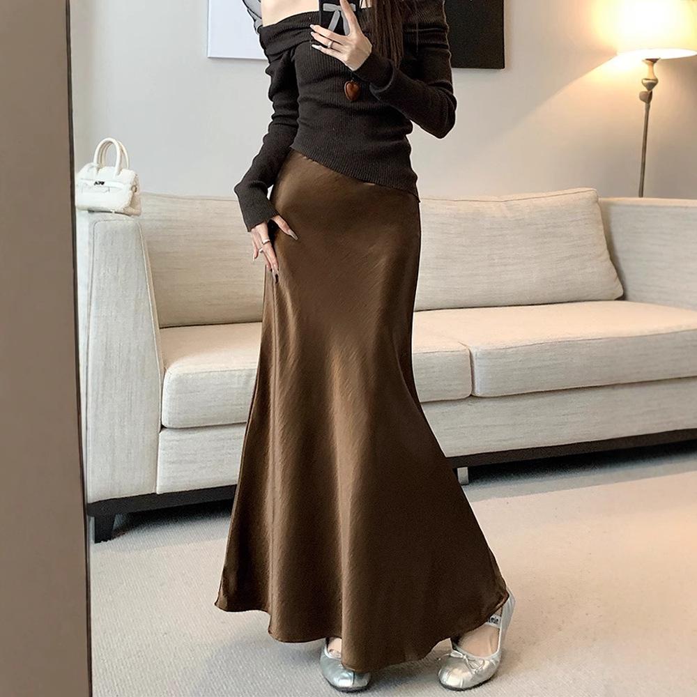 High Waist Acetate Satin Fishtail A-Line Skirt for Women