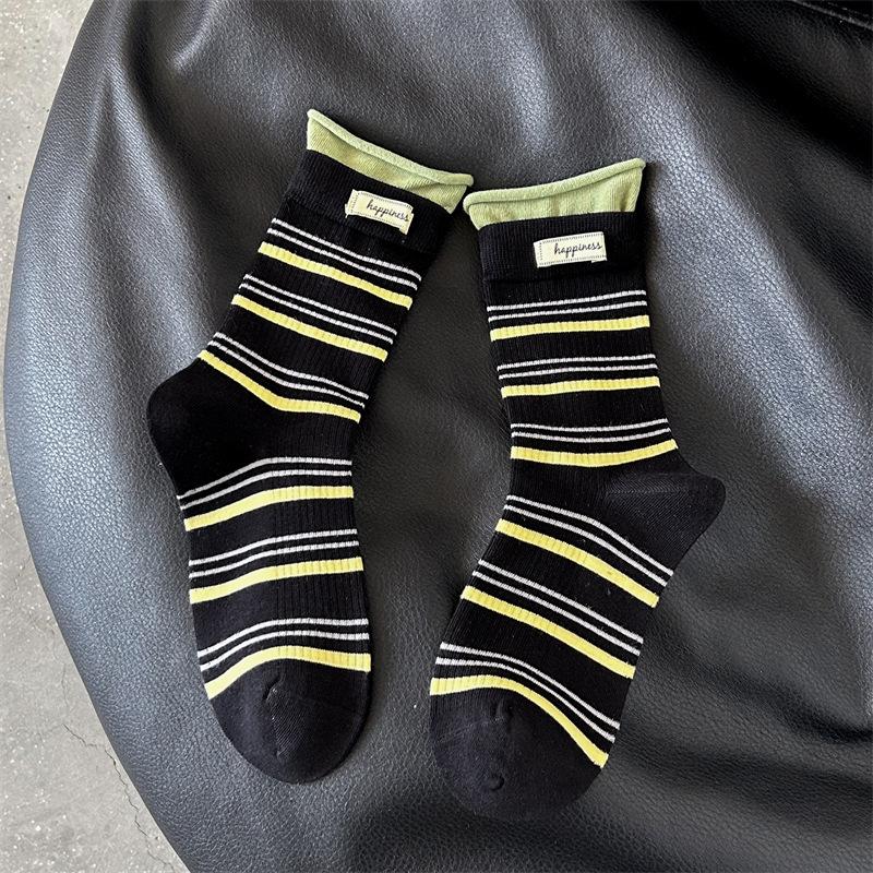 Female Autumn Pattern Color Matching Letter Cloth Mark Splicing Fake Two Tube Pile Socks