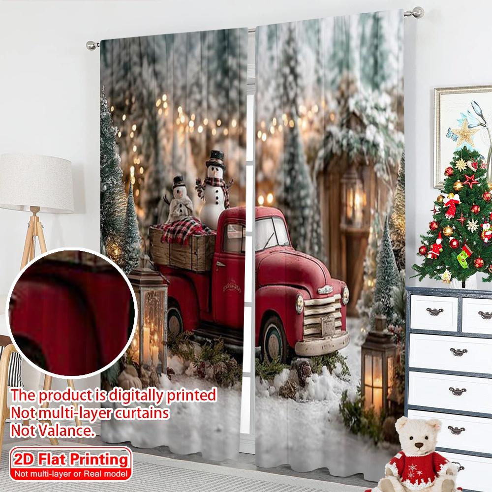 2pcs 2D Flat Printing Merry Christmas Curtain Country Red Truck Versatile 100% Polyester Without Electricity Festive Wall Decor