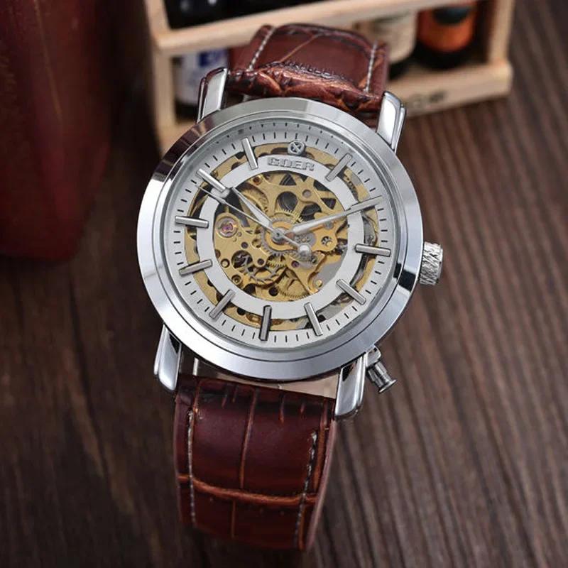 Orologi Scheletro Automatici Meccanici di Lusso delle Migliori Marche Cinturino in PU Moda Casual Orologi da Uomo Relogio Masculino Winner GOER
