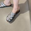 Cowhide Version~ Silver Woven Leather Soft Bottom Half Slippers Women's Summer Hollow Bag Head Muller Slippers French Cool Slippers
