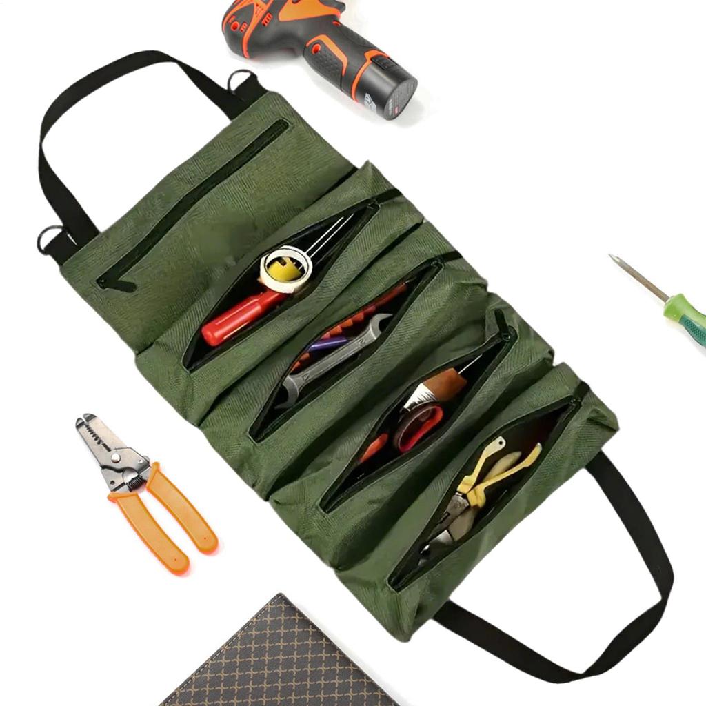Tool Roll Bag Foldable Organization with 5 Zippered Pockets Tool Organizer Pouch for Electrician Plumbing Repair Maintenance