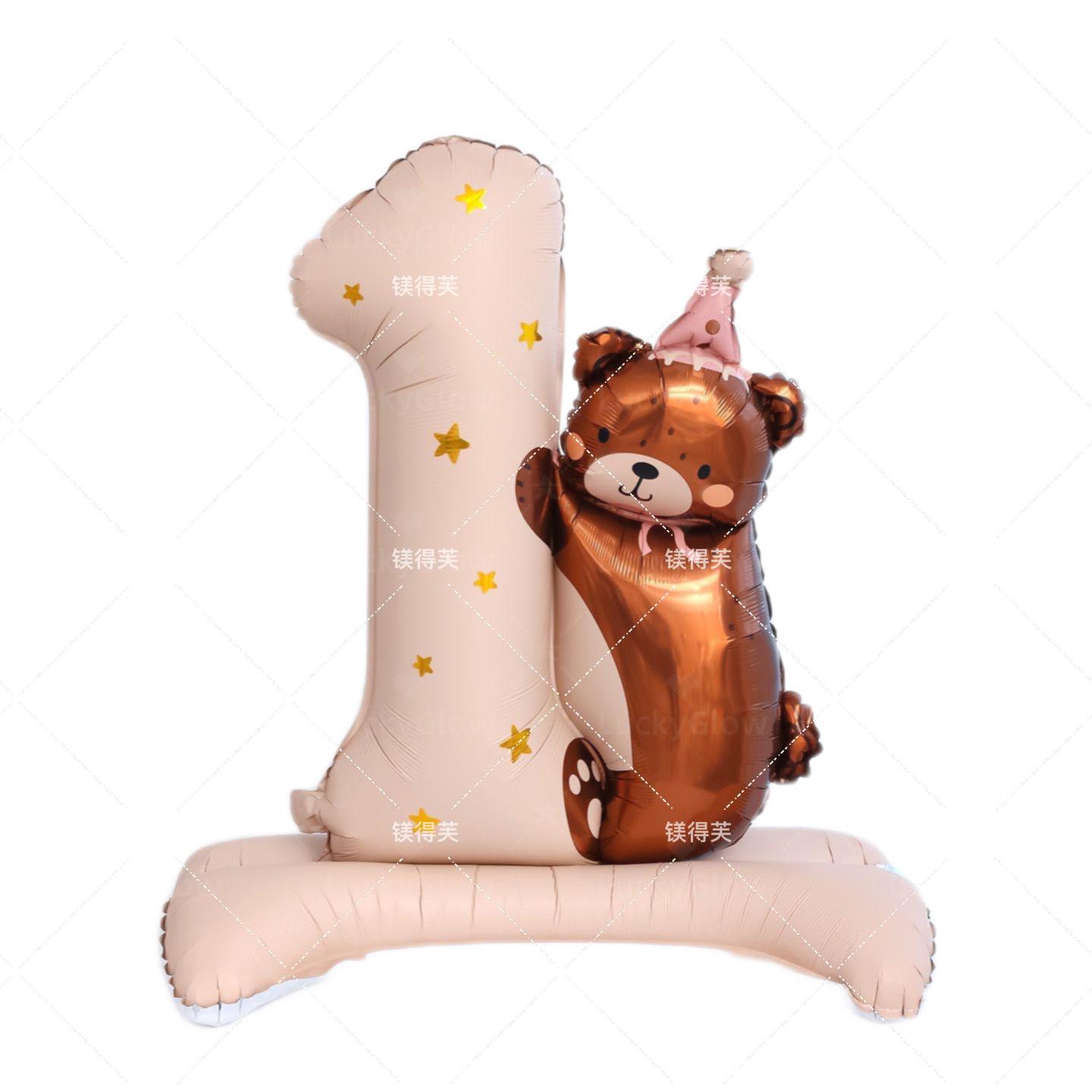 Large Number One Foil Balloon with Bear Design for First Birthday Party Decorations Kids Po Props Room Setup Event Supplies One Size