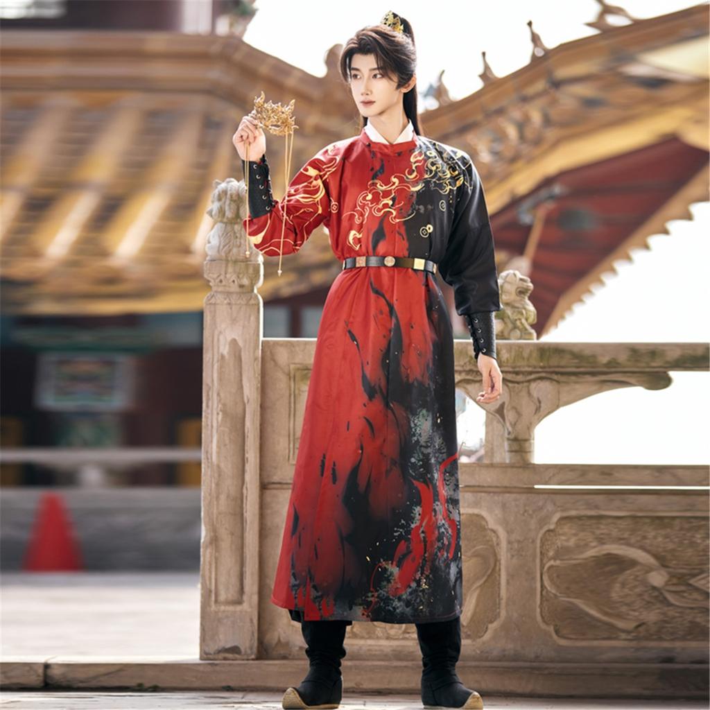 Chinese Tang Dynasty Style Round Neck Robe And Hanfu Daily Printed Suit For Handsome Male And Female Knights