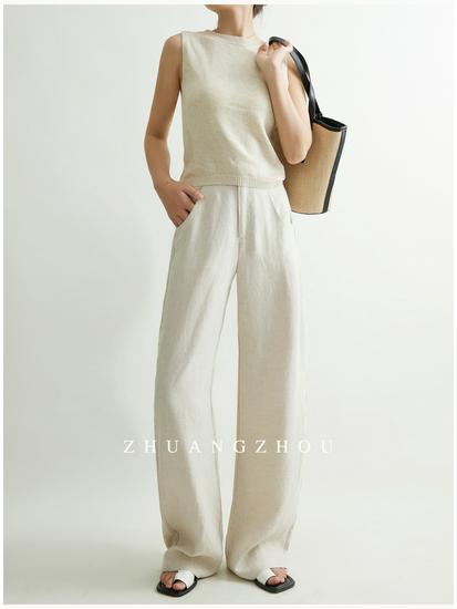 100% Heavyweight Linen Women's Wide-Leg Breathable Floor-Length Slimming Pants