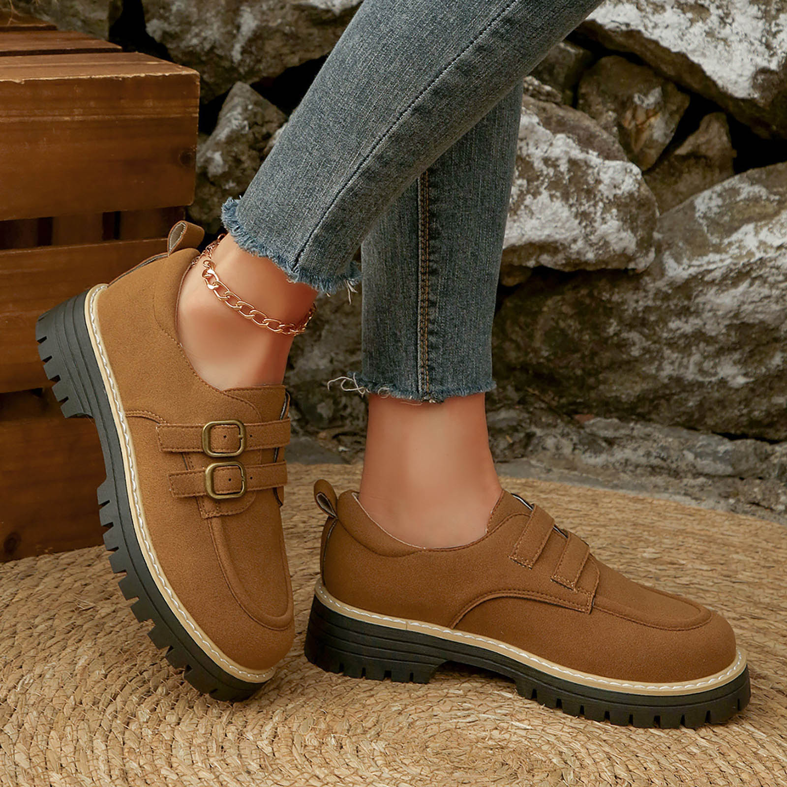 

Women s Fashion Round Toe Square Platform Thick Soled Metal Leather Shoes Deep Mouth Leather Boots for Women Low Heel Lace up 36 коричневый